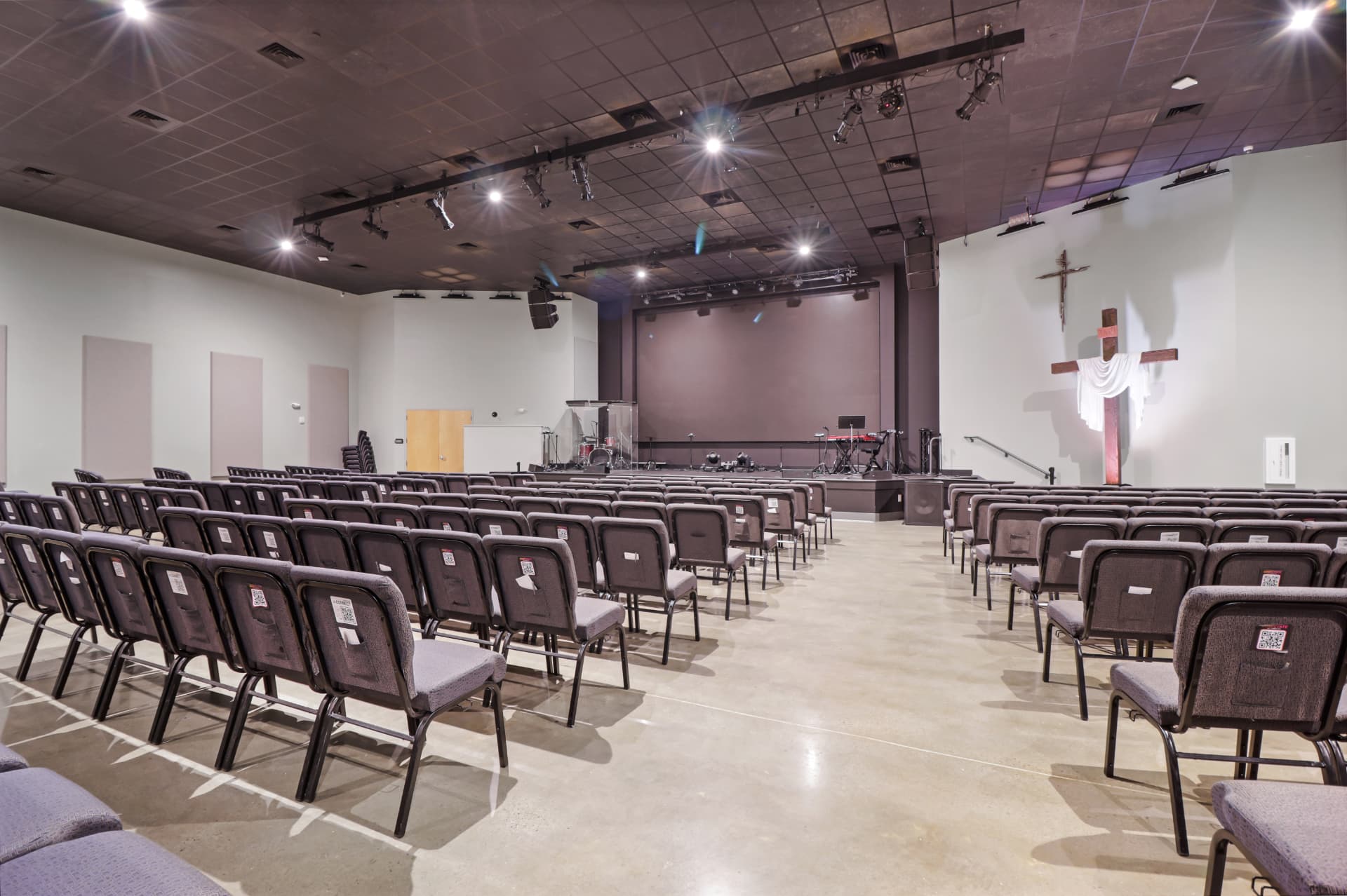 Sanctuary seating and stage with lighting and sound systems
